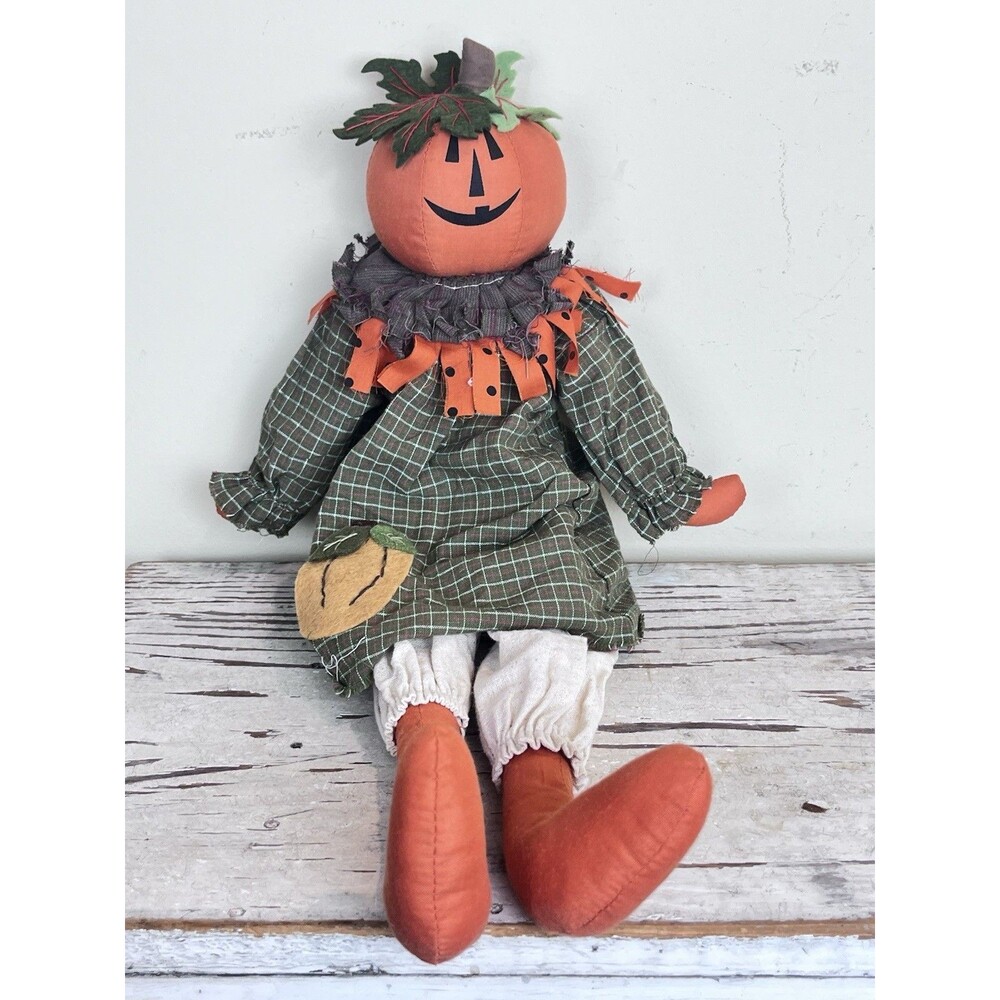 Vintage Primitive Folk Art Rustic Pumpkin Head Scarecrow Shelf-Sitter Rag Doll